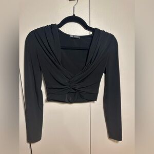 Zara Long Sleeve Black Twist-Front Crop Top